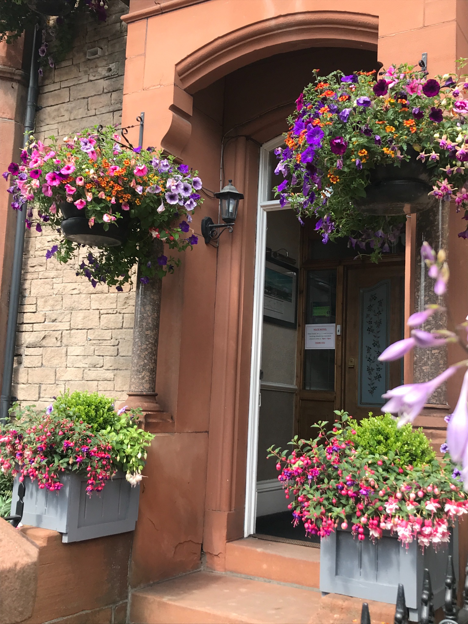 Glendale Guesthouse entrance surrounded by summer flowers