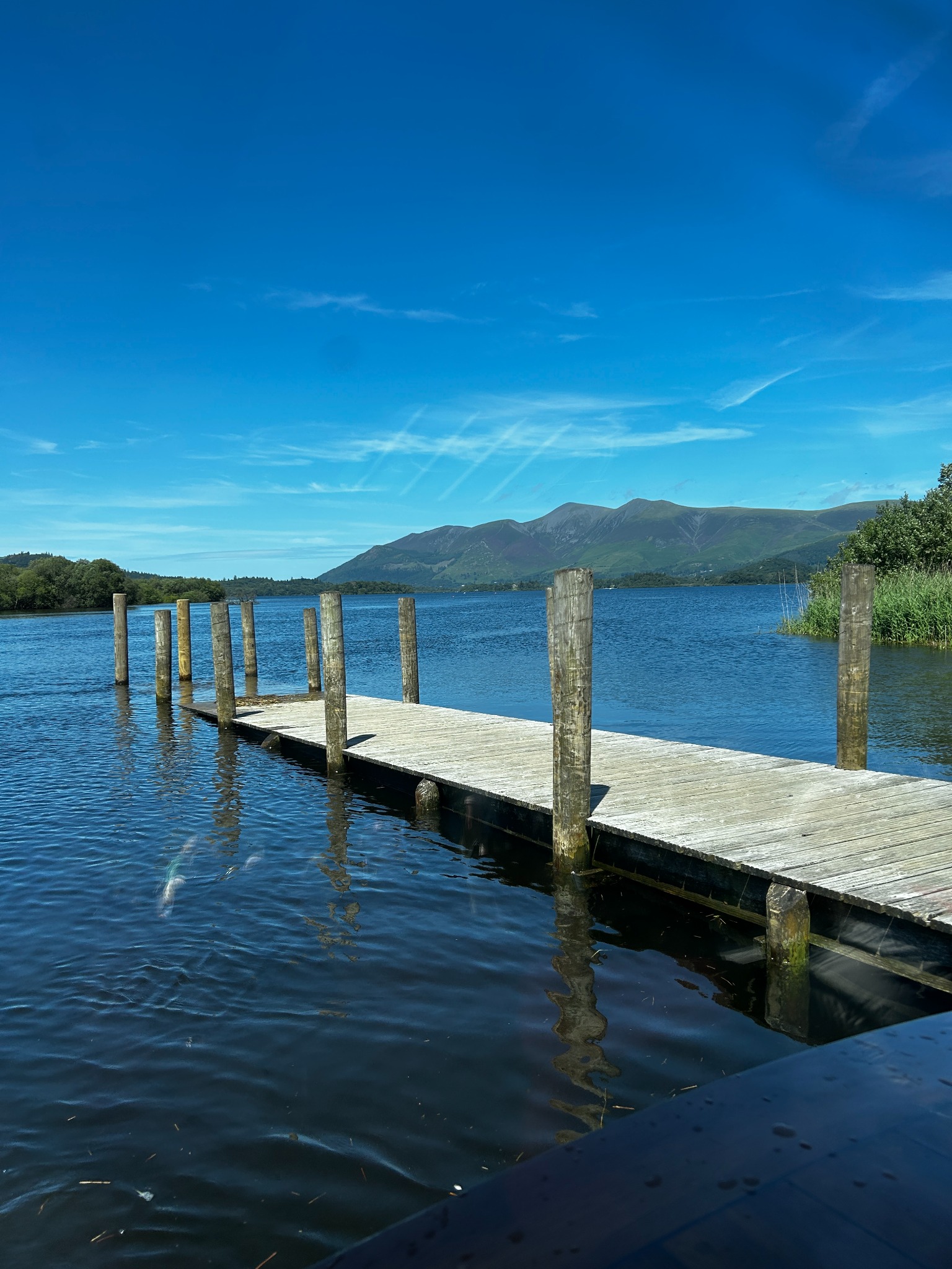 Keswick Launch jetty with Derwentwater and the Lake District fells beyond